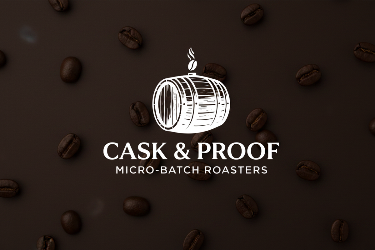 A white logo and text reading 'CASK & PROOF' and 'MICRO-BATCH ROASTERS' centered on a dark checkered transparency-style background with faint coffee bean silhouettes.